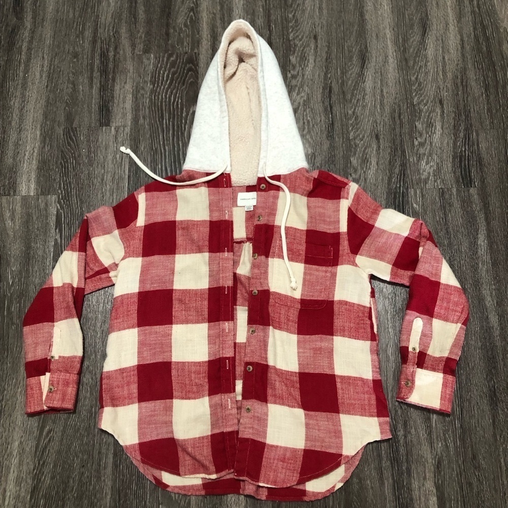 AMERICAN EAGLE Sherpa Lined Hooded Flannel Shacket Red Plaid XS